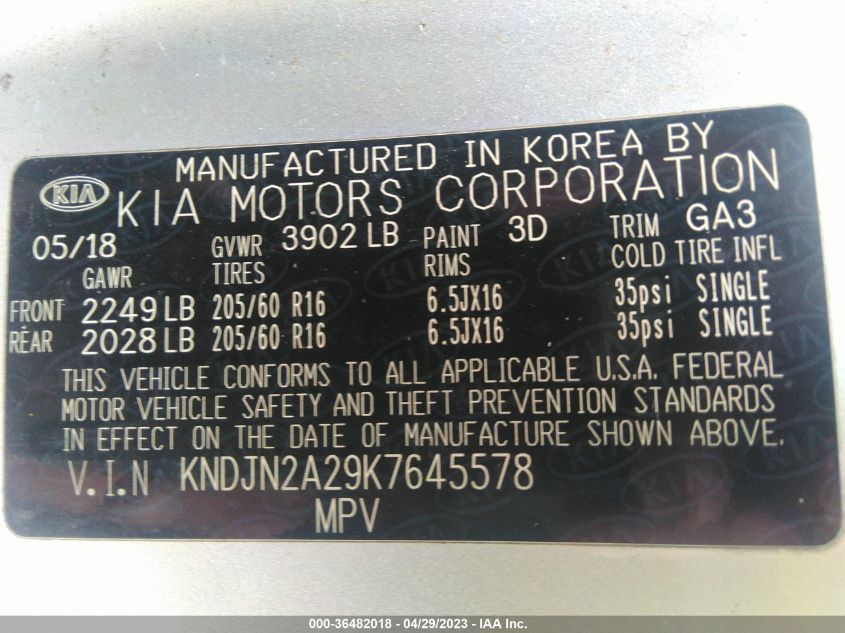 2019 KIA SOUL BASE - KNDJN2A29K7645578