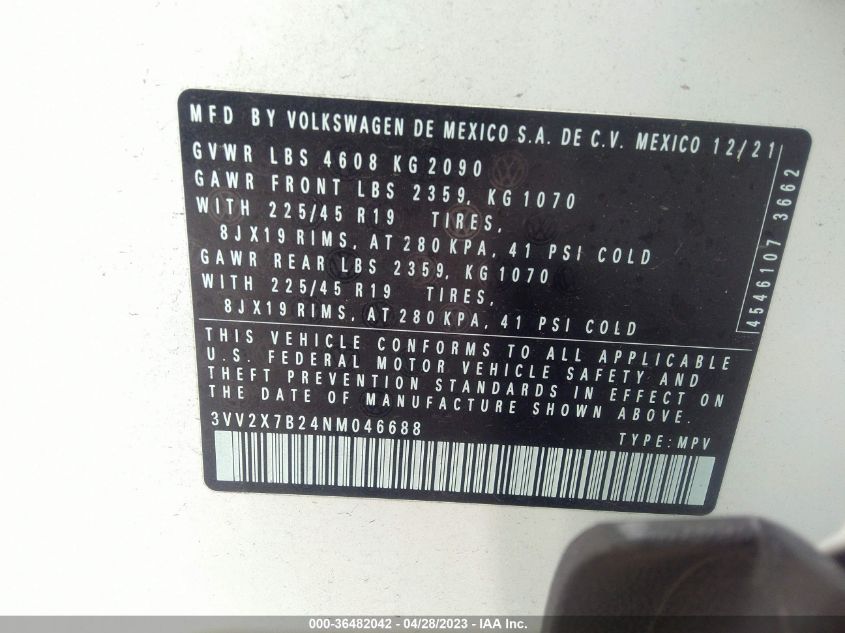 2022 VOLKSWAGEN TAOS SEL - 3VV2X7B24NM046688