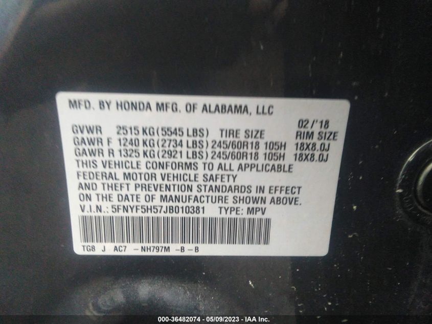2018 HONDA PILOT EX-L - 5FNYF5H57JB010381