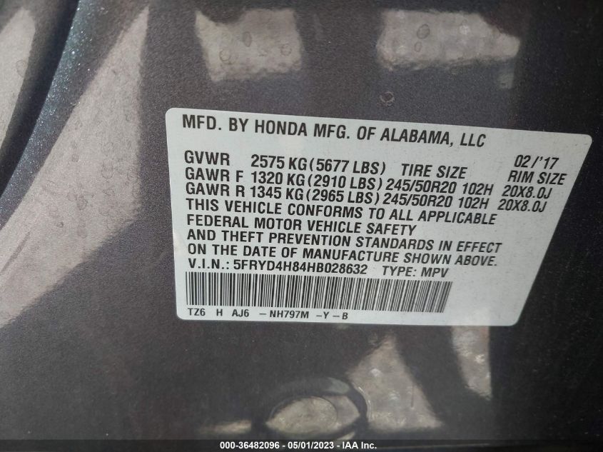 2017 ACURA MDX W/ADVANCE PKG - 5FRYD4H84HB028632