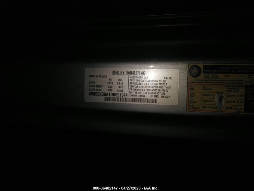 2013 SMART FORTWO PASSION WMEEK3BA1DK591944