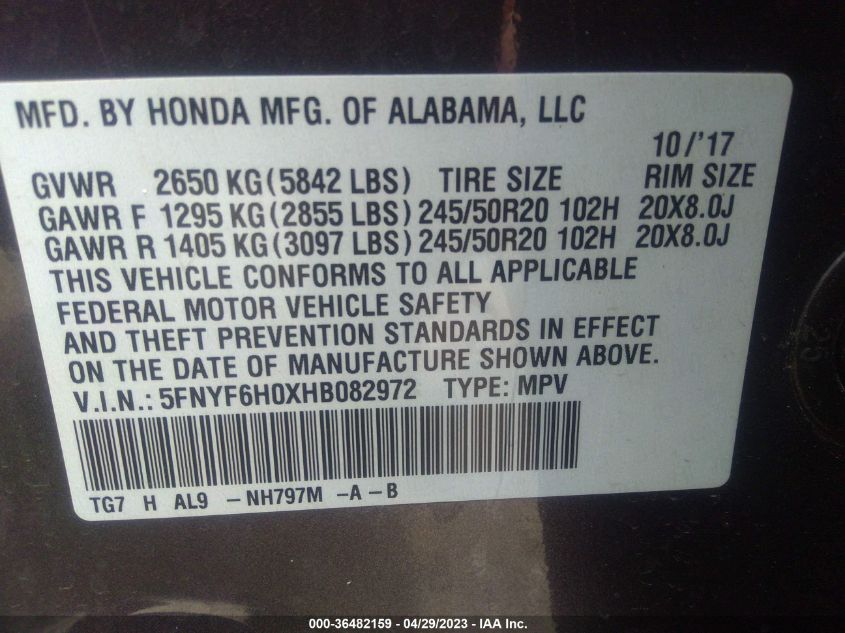 2017 HONDA PILOT ELITE - 5FNYF6H0XHB082972
