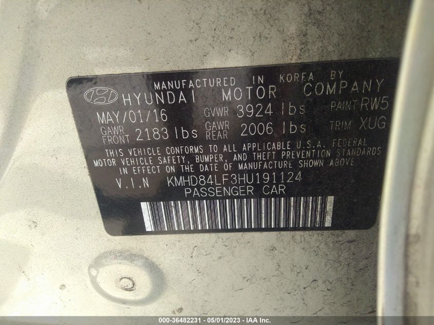 2017 HYUNDAI ELANTRA SE - KMHD84LF3HU191124