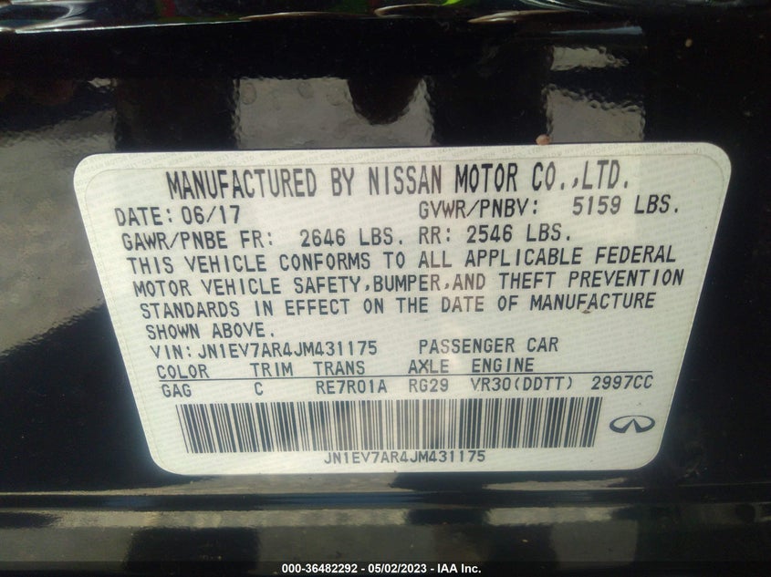 VIN JN1EV7AR4JM431175 2018 INFINITI Q50 3.0T LUXE