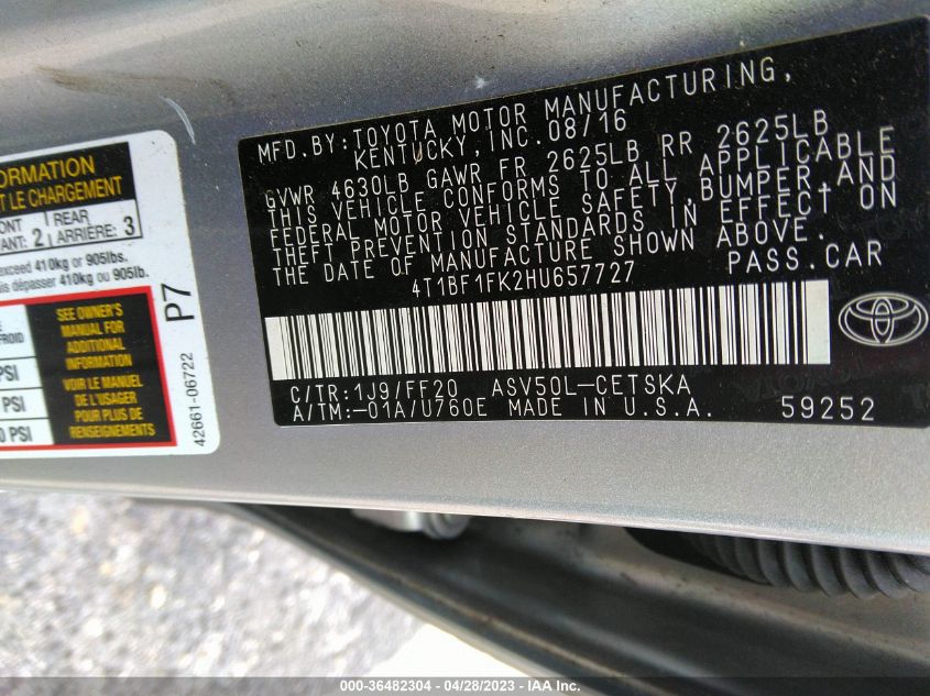 2017 TOYOTA CAMRY XLE/SE/LE/XSE - 4T1BF1FK2HU657727