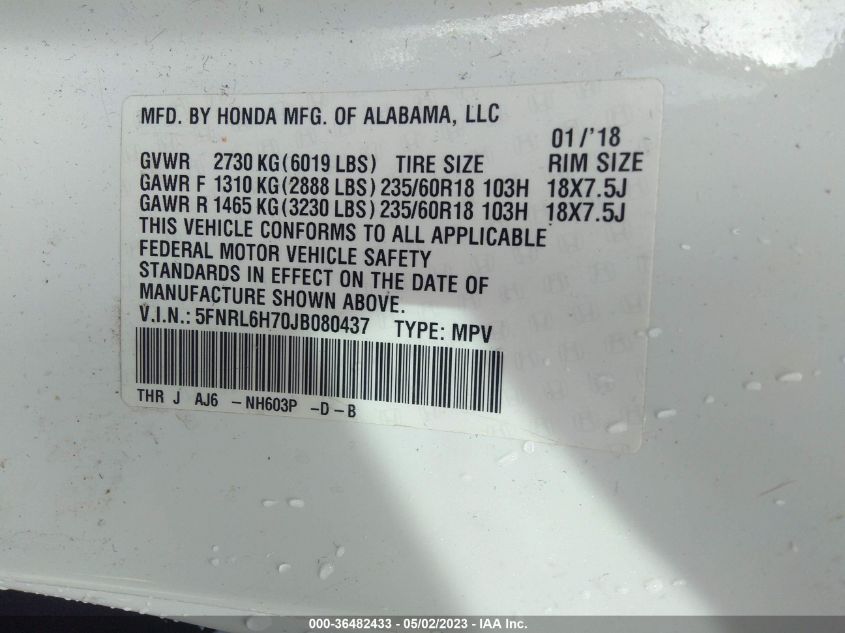 2018 HONDA ODYSSEY EX-L - 5FNRL6H70JB080437