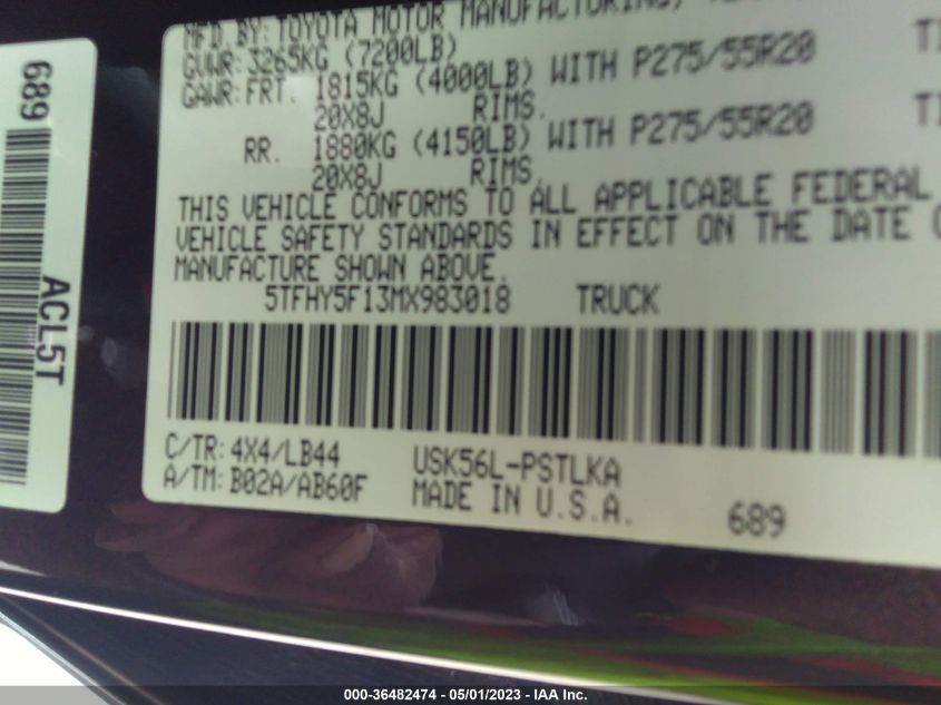 2021 TOYOTA TUNDRA 4WD LIMITED - 5TFHY5F13MX983018