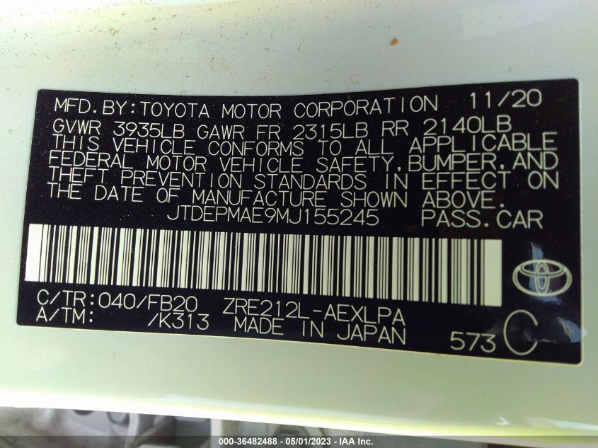 2021 TOYOTA COROLLA LE - JTDEPMAE9MJ155245