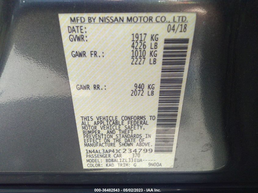 2018 NISSAN ALTIMA 2.5 SV - 1N4AL3AP4JC234799