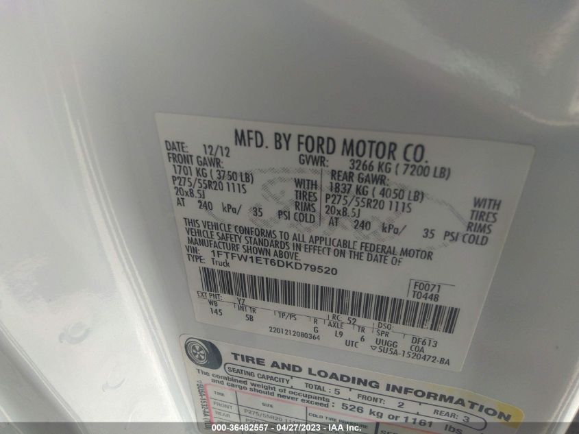 2013 FORD F-150 XL/XLT/FX4/LARIAT - 1FTFW1ET6DKD79520