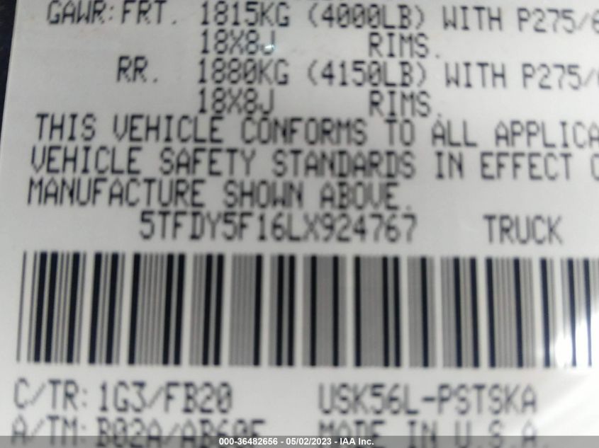 2020 TOYOTA TUNDRA 4WD SR5/TRD PRO - 5TFDY5F16LX924767