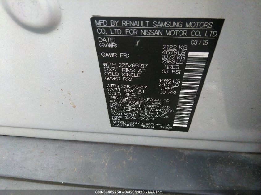 2015 NISSAN ROGUE SV - KNMAT2MV4FP542263