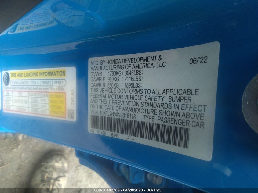2022 HONDA CIVIC HATCHBACK SPORT - 19XFL2H84NE018118