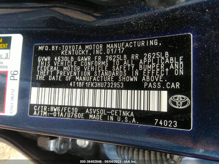 2017 TOYOTA CAMRY LE - 4T1BF1FK3HU732953