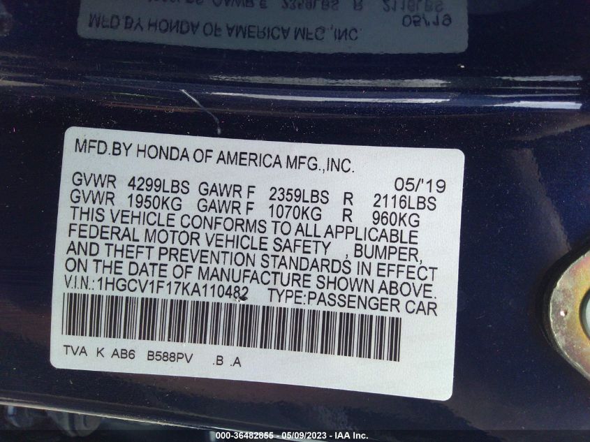 2019 HONDA ACCORD SEDAN LX 1.5T - 1HGCV1F17KA110482