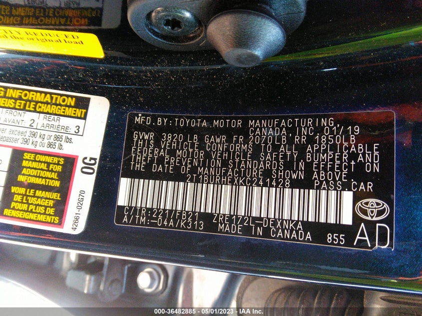 VIN 2T1BURHEXKC241428 2019 TOYOTA COROLLA L/LE/SE/XLE/XSE