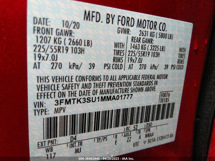 2021 FORD MUSTANG MACH-E PREMIUM 3FMTK3SU1MMA01777