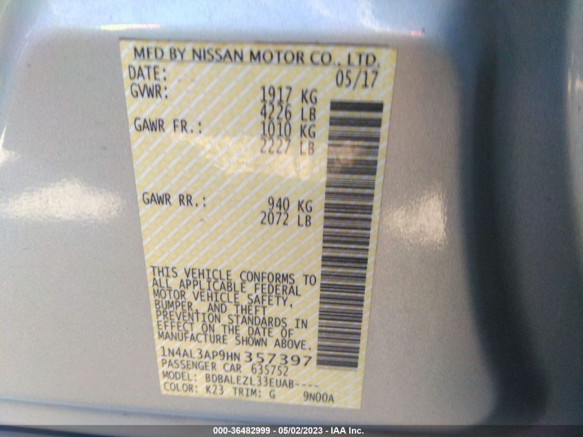 2017 NISSAN ALTIMA 2.5 S - 1N4AL3AP9HN357397