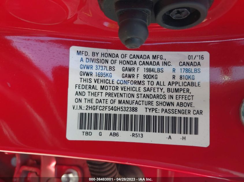 2016 HONDA CIVIC SEDAN LX - 2HGFC2F54GH532388
