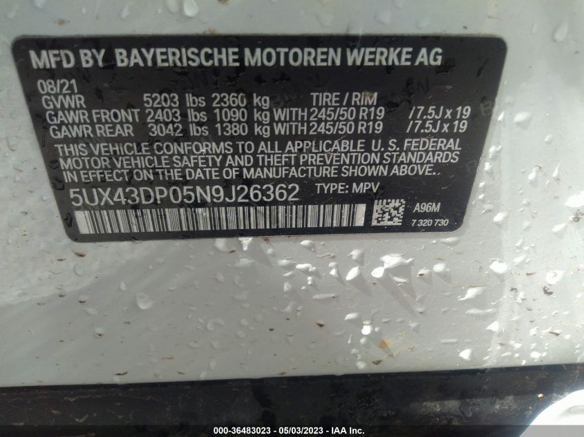 2022 BMW X3 SDRIVE30I - 5UX43DP05N9J26362