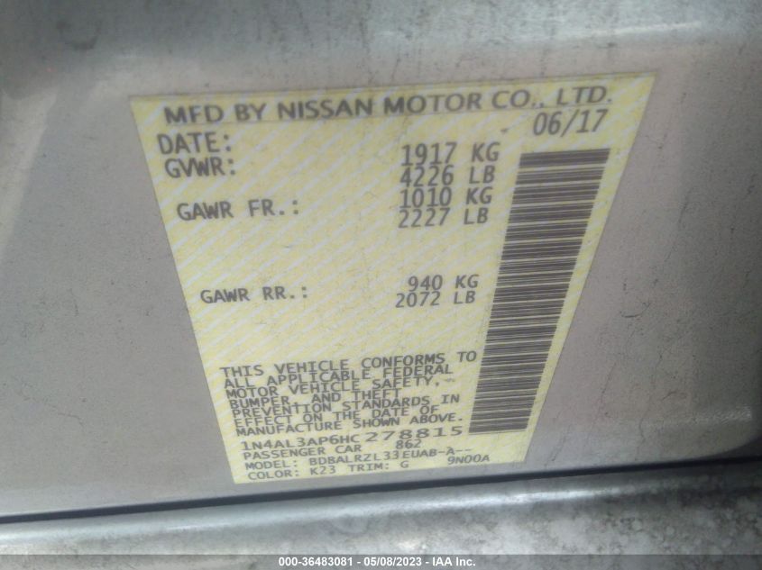 2017 NISSAN ALTIMA 2.5 SL - 1N4AL3AP6HC278815