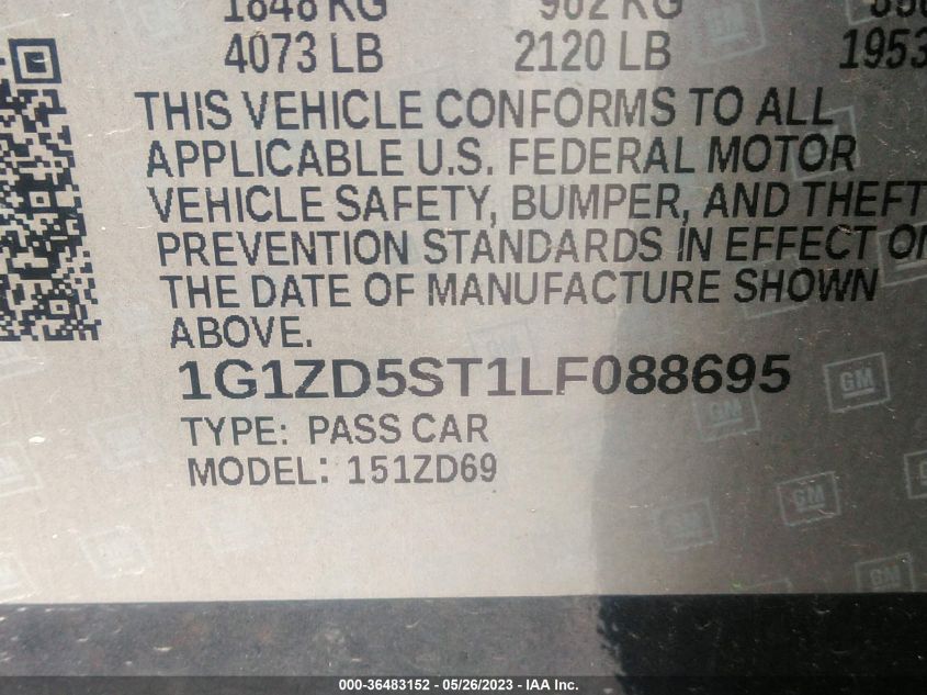 2020 CHEVROLET MALIBU LT - 1G1ZD5ST1LF088695