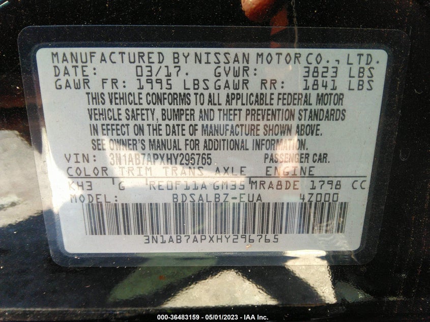 VIN 3N1AB7APXHY296765 2017 NISSAN SENTRA S