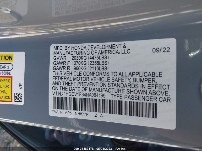 2022 HONDA ACCORD SEDAN SPORT - 1HGCV1F34NA084199
