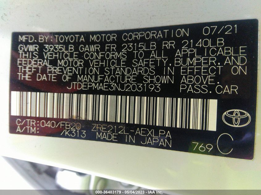 2022 TOYOTA COROLLA LE - JTDEPMAE3NJ203193