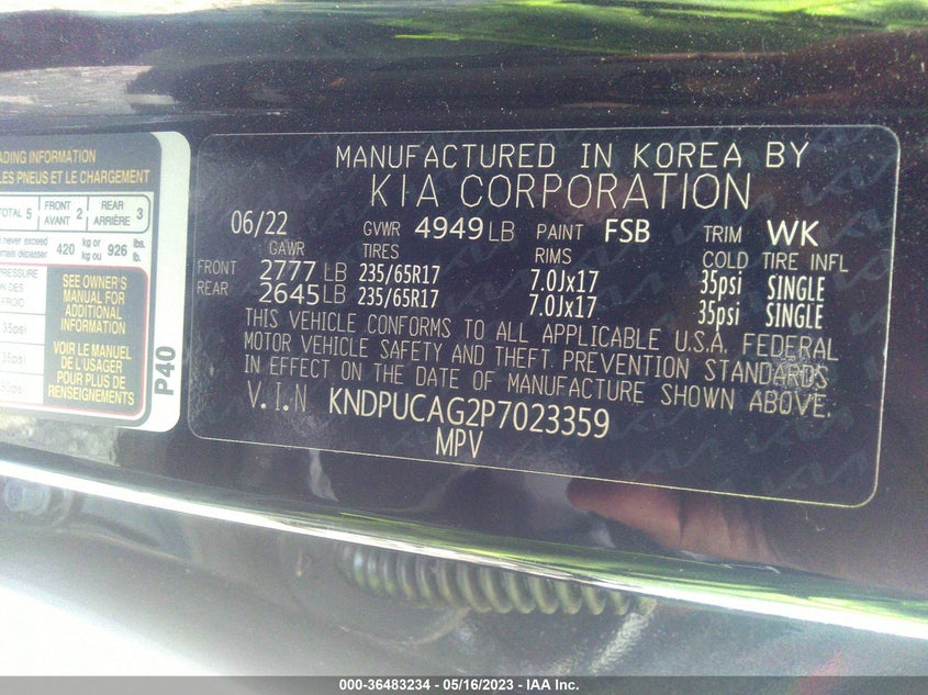 VIN KNDPUCAG2P7023359 2023 KIA SPORTAGE HYBRID LX