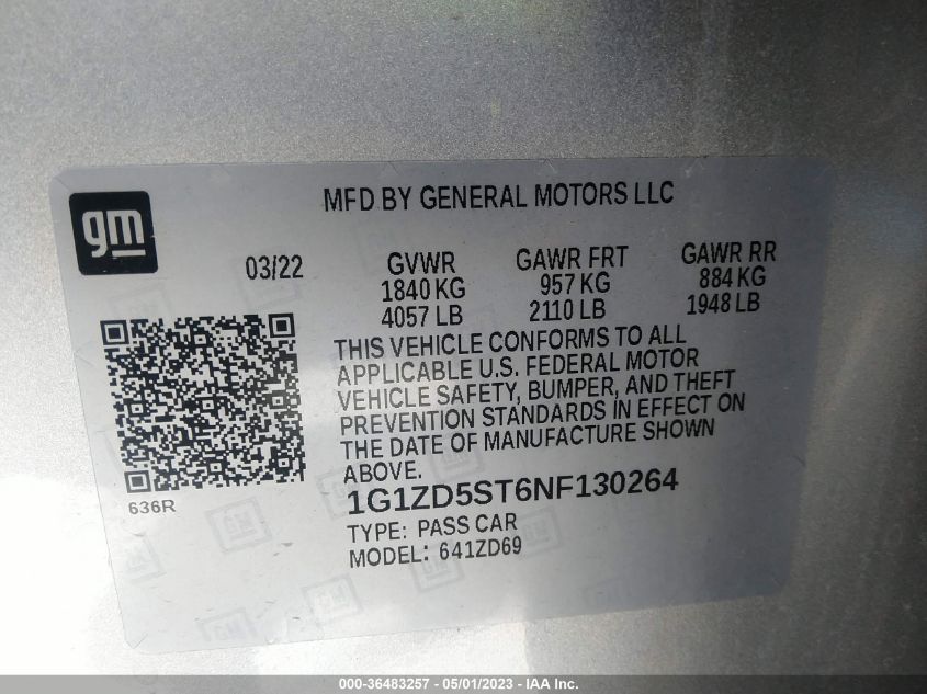 2022 CHEVROLET MALIBU LT - 1G1ZD5ST6NF130264