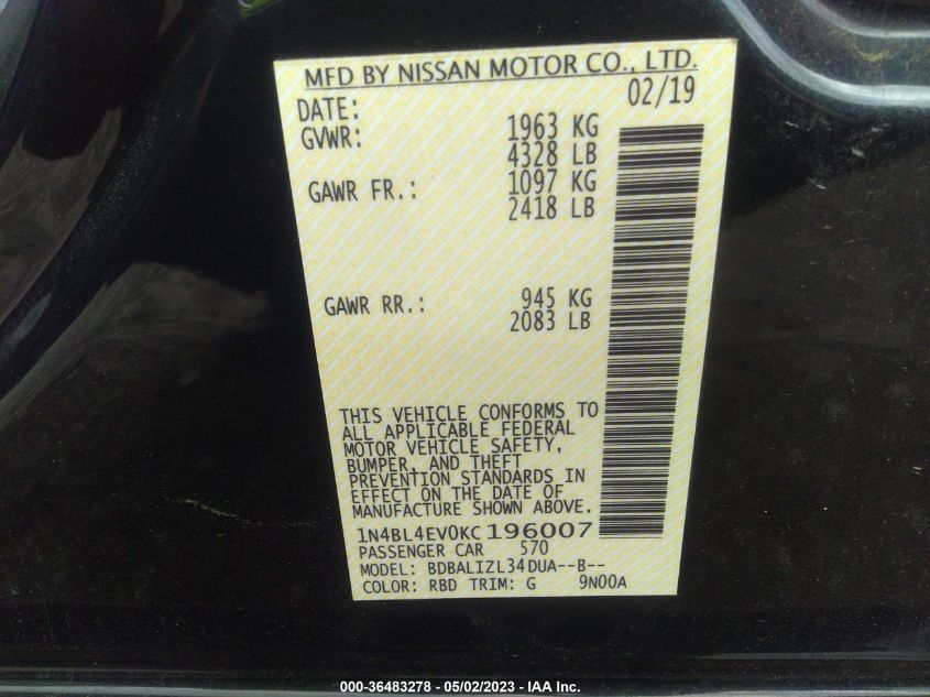2019 NISSAN ALTIMA 2.5 SL - 1N4BL4EV0KC196007