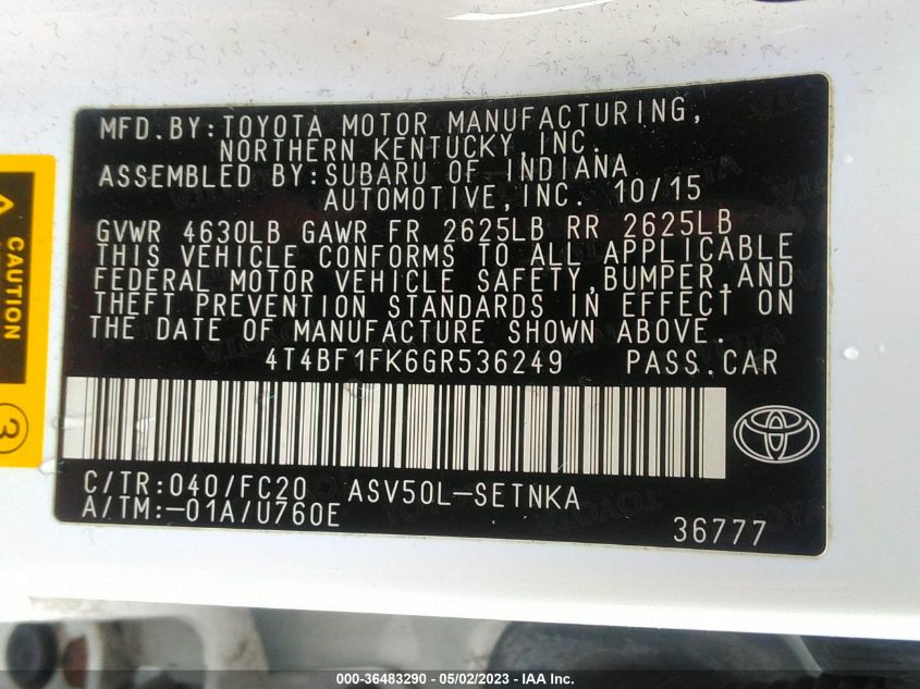 2016 TOYOTA CAMRY XLE/SE/LE/XSE - 4T4BF1FK6GR536249