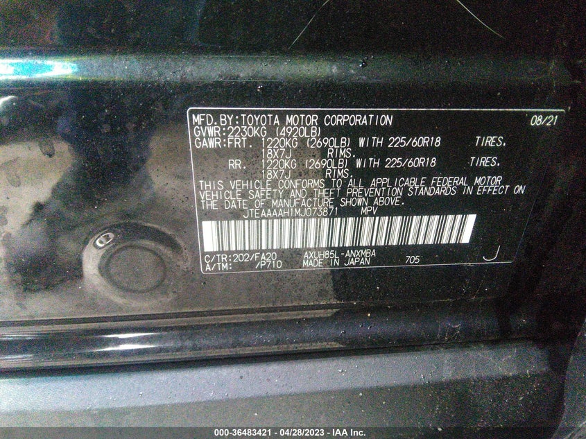 VIN JTEAAAAH1MJ073871 2021 TOYOTA VENZA LE/XLE/LIMITED