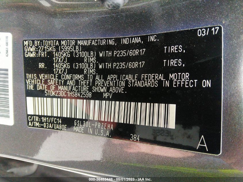 2017 TOYOTA SIENNA LE - 5TDKZ3DC1HS842598