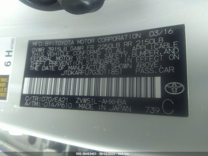 2016 TOYOTA PRIUS FOUR - JTDKARFU7G3011851