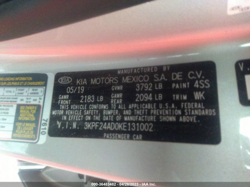2019 KIA FORTE LXS - 3KPF24AD0KE131002