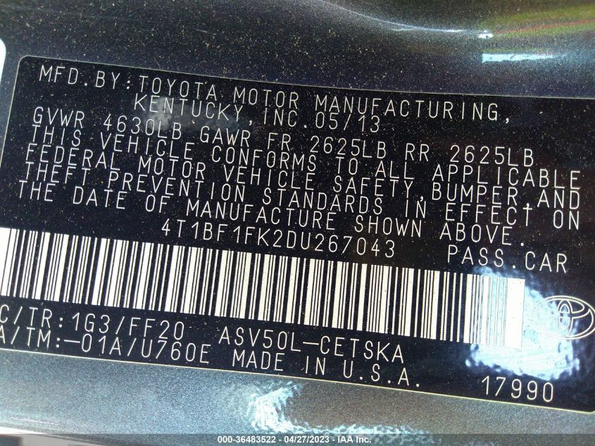 2013 TOYOTA CAMRY L/LE/SE/XLE - 4T1BF1FK2DU267043