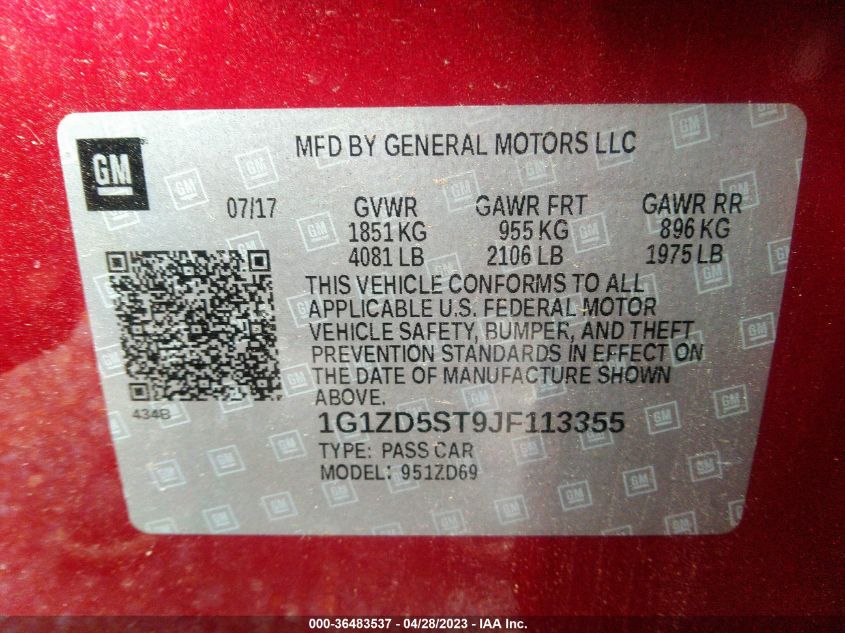 2018 CHEVROLET MALIBU LT - 1G1ZD5ST9JF113355