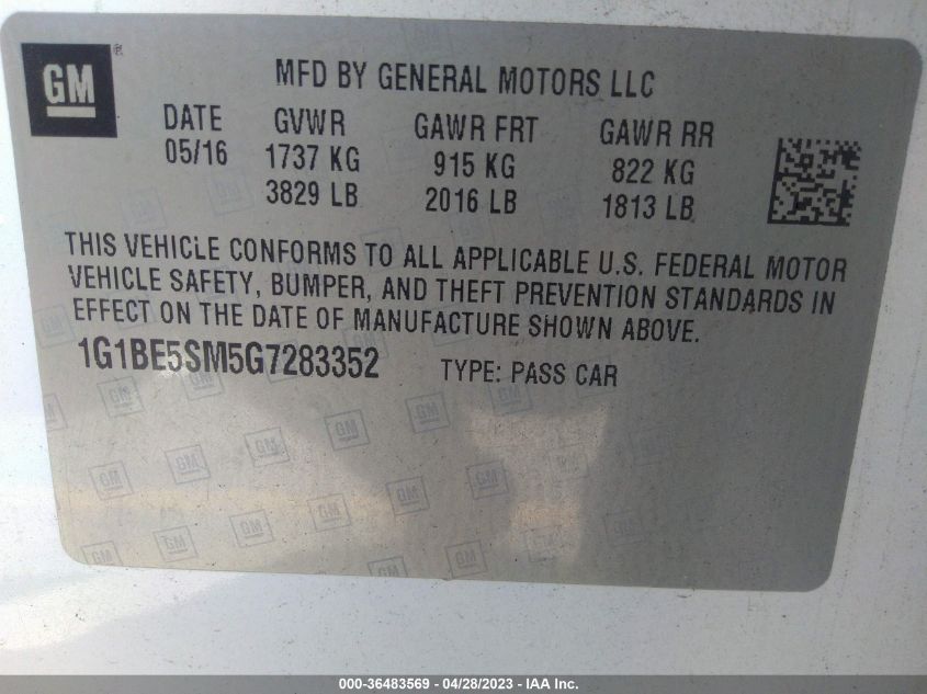2016 CHEVROLET CRUZE LT - 1G1BE5SM5G7283352