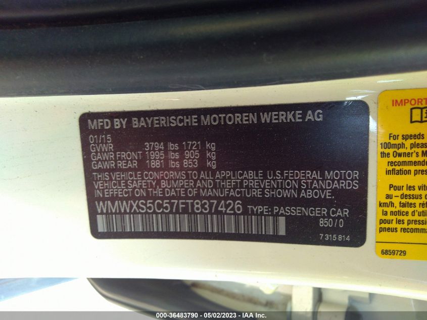 2015 MINI COOPER HARDTOP 4 DOOR - WMWXS5C57FT837426