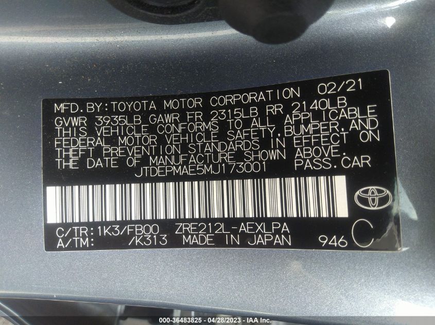 2021 TOYOTA COROLLA LE - JTDEPMAE5MJ173001