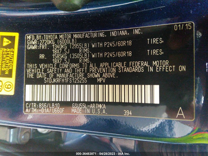 2015 TOYOTA HIGHLANDER XLE - 5TDJKRFH1FS125255