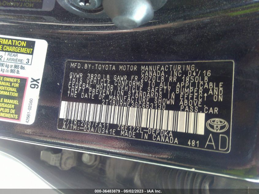 2016 TOYOTA COROLLA L/LE/S/S PLUS/LE PLUS - 2T1BURHE3GC663130