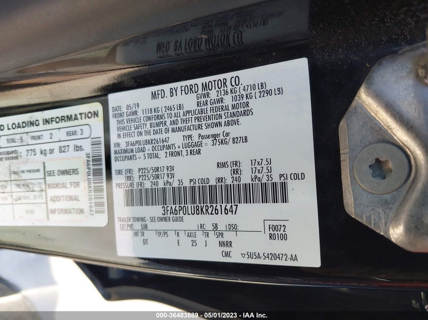 VIN 3FA6P0LU8KR261647 2019 FORD FUSION HYBRID SE