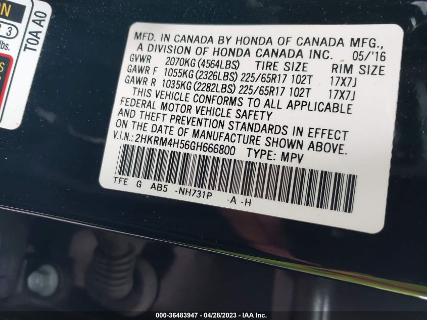 2016 HONDA CR-V EX - 2HKRM4H56GH666800