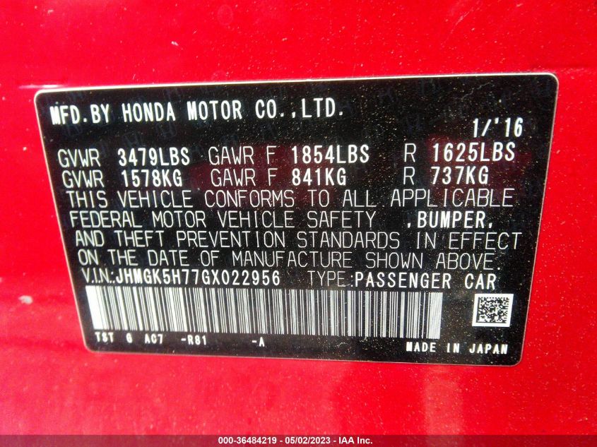 2016 HONDA FIT EX - JHMGK5H77GX022956