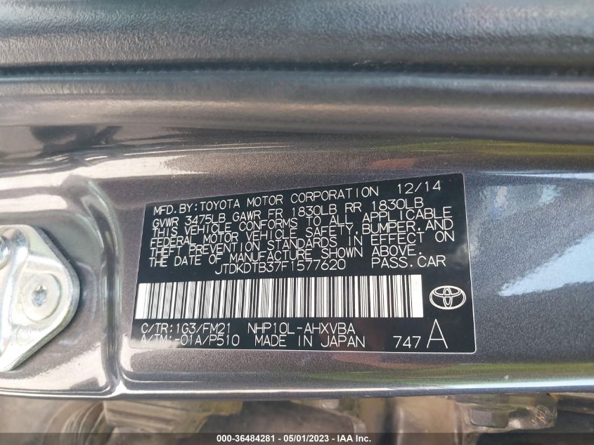2015 TOYOTA PRIUS C ONE/TWO/THREE/FOUR - JTDKDTB37F1577620
