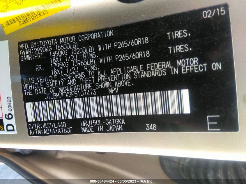 2015 LEXUS GX 460 JTJBM7FX2F5107473
