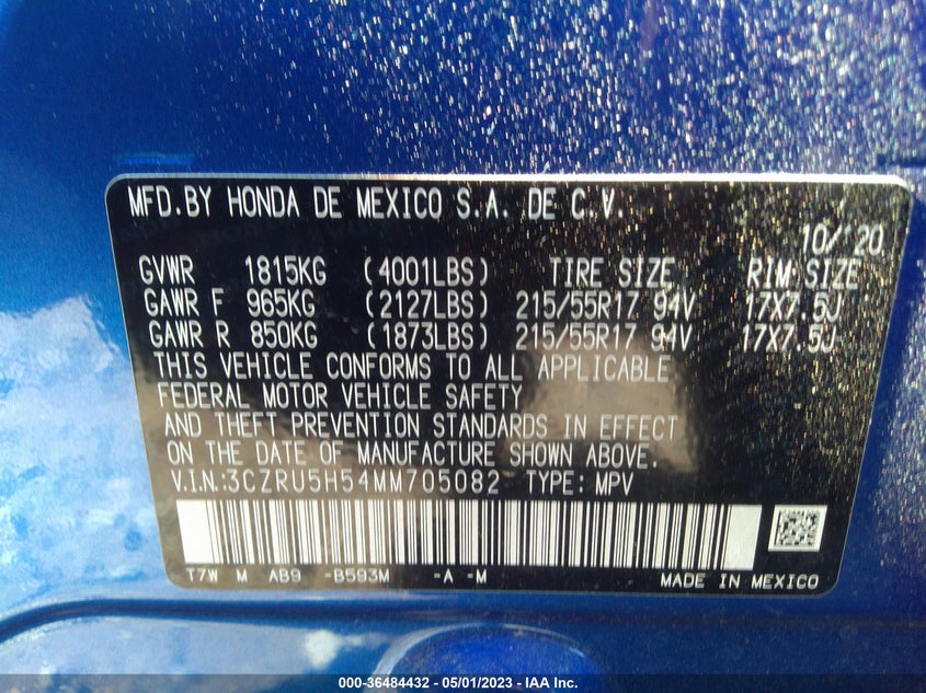 VIN 3CZRU5H54MM705082 2021 HONDA HR-V EX
